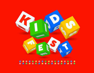 Vector bright banner Kids Fest. Cubic creative Font. Playful set of 3D Alphabet Letters and Numbers