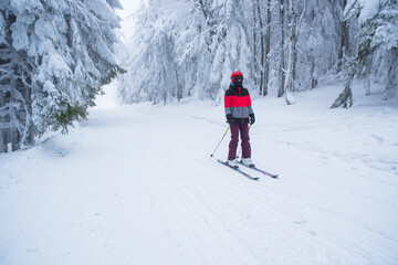 Skier ride in beautiful white snowy nature