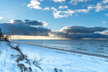 Sunset on the winter Baltic beach