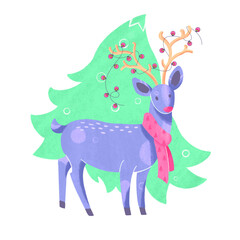 A graphic illustration of a cute Christmas deer standing by the tree. Happy new year concept