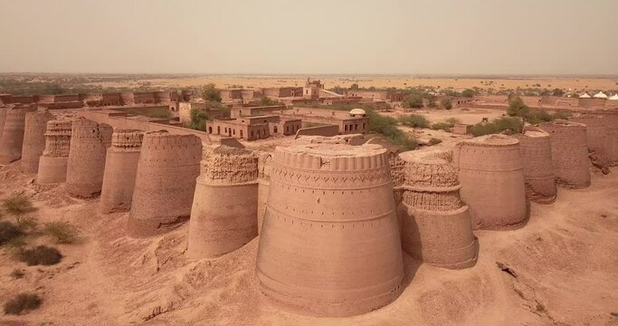 4K Aerial Footage View to the Derawar Fortress in Cholistan Desert, Pakistan