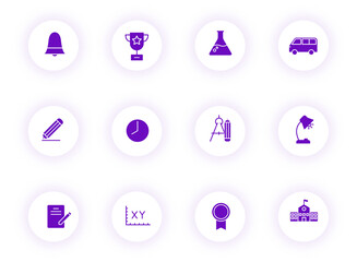 school purple color vector icons on light round buttons with purple shadow. school icon set for web, mobile apps, ui design and print