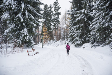 Trail runner in white winter nature. Active life in winter, sport photo, white edit space