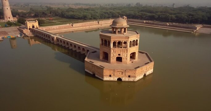 4K Aerial Footage View to the Hiran Minar Mughal era complex in Sheikhupura, Punjab, Pakistan