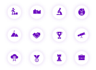 startup purple color vector icons on light round buttons with purple shadow. startup icon set for web, mobile apps, ui design and print