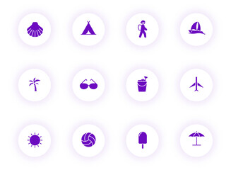summer purple color vector icons on light round buttons with purple shadow. summer icon set for web, mobile apps, ui design and print