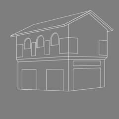 Minimalist monochrome house white linear design isolated on grey background. landscape outline vector illustration.