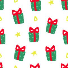 Present boxes seamless pattern on white background. Christmas pattern