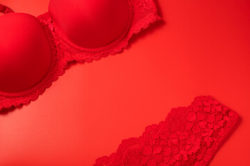 Beautiful female lacy panties and bra on red background. Sexy red underwear. Free space for text, copy space. Love and passion.