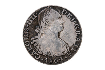 France Carolus IIII 5 francs silver coin replica front dated 1804 with a portrait  image of the emperor cut out and isolated on a white background, stock photo image