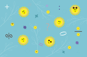 Funny hipsters smile and math. A set of signs and emotions on the faces of flowers of daisies. Happy and surprised smile on a retro background. Geometric shapes and elements of mathematics. Vector