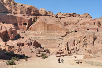 Fototapeta na wymiar Rock-carved theater in the ancient Nabatean region of Petra, Jordan 