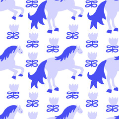 Vector seamless pattern with horses on trendy purple background.Minimalistic,animalistic print in Very Peri in doodle style.Design for textiles,wraprapping paper,packaging,social media,scrapbook. 