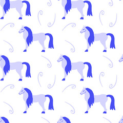 Vector seamless pattern with horses on trendy purple background.Minimalistic,animalistic print in Very Peri in doodle style.Design for textiles,wraprapping paper,packaging,social media,scrapbook. 