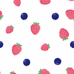 Seamless vector pattern with the image of raspberries and black currants on a white background. Print for factories, textiles, mugs, packaging paper. Forest plants