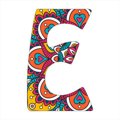 Mandala stylized alphabet, color letters E