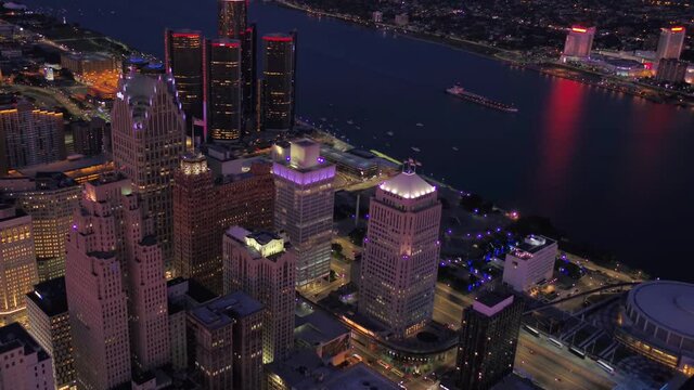 Aerial Flying Over Night Detroit, Michigan, Downtown, Detroit River