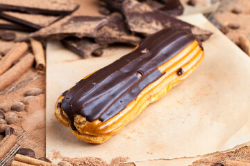 chocolate-covered custard eclair with creamy chocolate cream