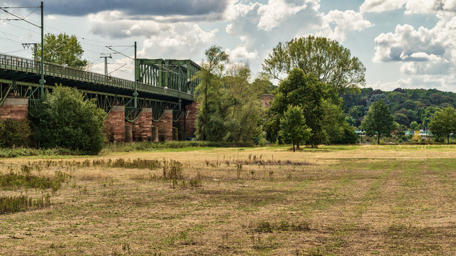 The Southern railway bridge Mainz and the Mainspitze in Ginsheim, Hesse, Germany