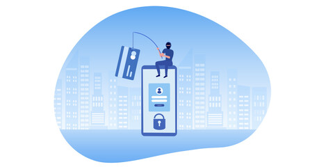 Phishing scam, hacker crime attack and personal data security concept. Hacker stealing online credit card password vector illustration

