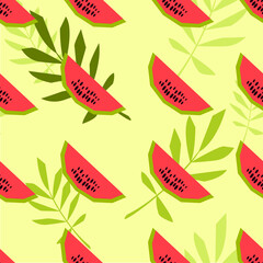 Fototapeta premium Seamless summer watermelon pattern. Slices of juicy ripe watermelon. Green branches. Summer freshness