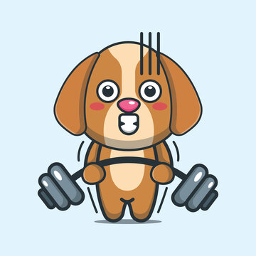 Cute dog lifting barbell. Cute cartoon animal illustration.