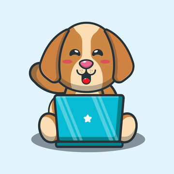 Cute dog with laptop. Cute cartoon animal illustration.