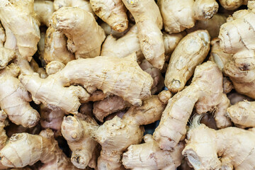 Ginger roots on the counter in the store. Close-up