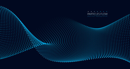 Digital wave of flowing particles in motion. Vector abstract dark background. Mesh of glowing dots, beautiful illustration.