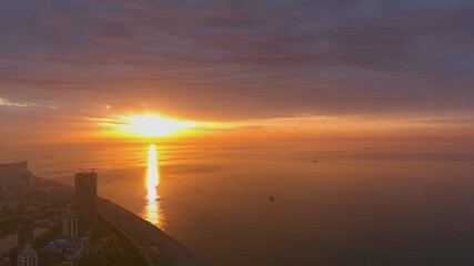 Embankment of Batumi during sunset, Adjara, Georgia. Aero view