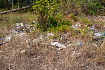 Pollution in the forest. A lot of plastic garbage and bottles