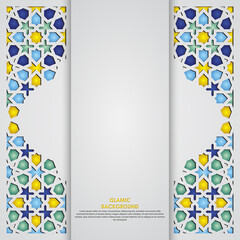 Islamic greeting card banner background with ornamental colorful detail of floral mosaic islamic art ornament