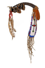 Dance rattle of the North American Indian horn with deer hooves and feathers