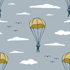Seamless vector pattern with cartoon skydiver on grey background. Hand drawn extreme sport wallpaper design. Decorative lifestyle fashion textile.