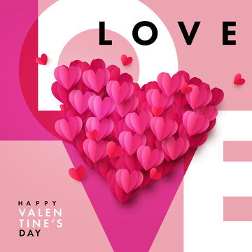Romantic concept of Happy Valentines Day card. Modern Design template with typography logo of Love in modern overlay style and big pink red realistic 3d Origami Heart made of many beautiful hearts