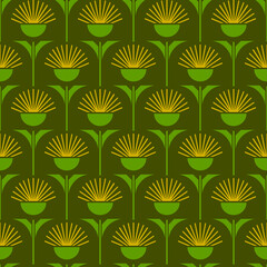 Seamless vector pattern with geometrical dandelions on green background. Simple summer flower wallpaper design. Decorative vintage floral fashion textile.