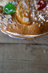 
Roscón de Reyes with cream and fruit. Typical Christmas sweet in Spain