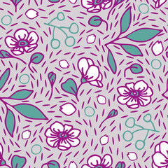 Fototapeta na wymiar Seamless vector pattern with gentle flowers on light pink background. Romantic vintage floral wallpaper design. Decorative flower bloom fashion textile.