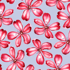 Obraz na płótnie Canvas Pink flowers on gray background watercolor seamless pattern. Template for decorating designs and illustrations. 