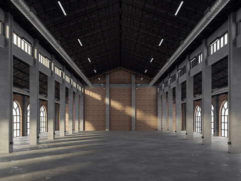 Industrial loft style old warehouse interior 3d render,brick wall,concrete floor and black steel roof structure