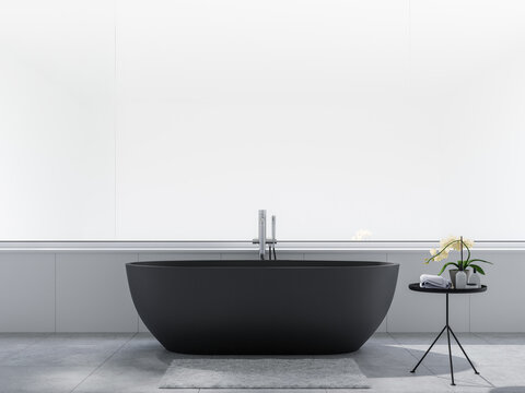 Minimal style bathroom with frosted glass window 3d render,There are concrete tile floor decorate with black bathtub