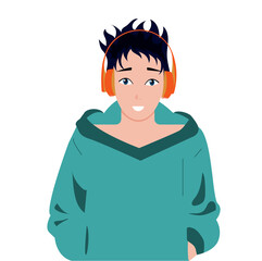 Young guy listens to music and podcasts in headphones. Vector, flat.