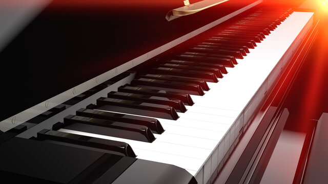 Black-Gold Grand Piano with Red Laser Lighting. Concept image of music life, music culture and music soul. 3D illustration. 3D CG. 3D high quality rendering.