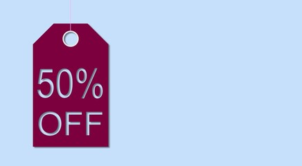 LABEL. 50 percent off SHOPPING TAG. Fifty lilac and blue isolated discount symbol. Illustration sign for sale, advertisement, marketing project or business. Light background. Etiquette and description