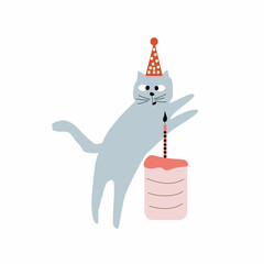 Cute cat with a birthday hat and a cake with a candle. Festive postcard. Vector illustration.