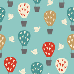 Naklejka premium Seamless pattern from hot air balloons and white doves. Vector illustration.