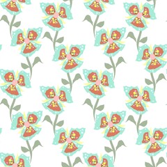 Delicate Aqua And Orange Vector Floral Repeat Pattern On A White Background