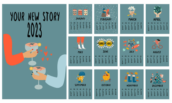 Calendar design concept. Cute and cozy calendar for the whole year 2023. Each month displays a picture of something important in each month. Vector illustration