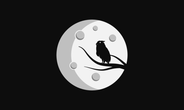 moon illustration and owl silhouette vector template