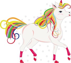 Fairy unicorn on a white background. Cute pony face with rainbow hair
